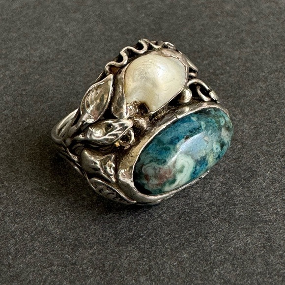 Vintage Art Nouveau Ring Pearl Sterling Silver Arts & Crafts Blue Floral 8.25 - Picture 7 of 15